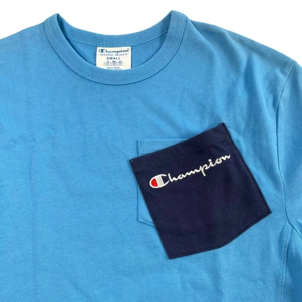 Champion T-shirt Men Small Blue Colorblock Asymmetric Hem Heritage Shift Pocket - Picture 2 of 8